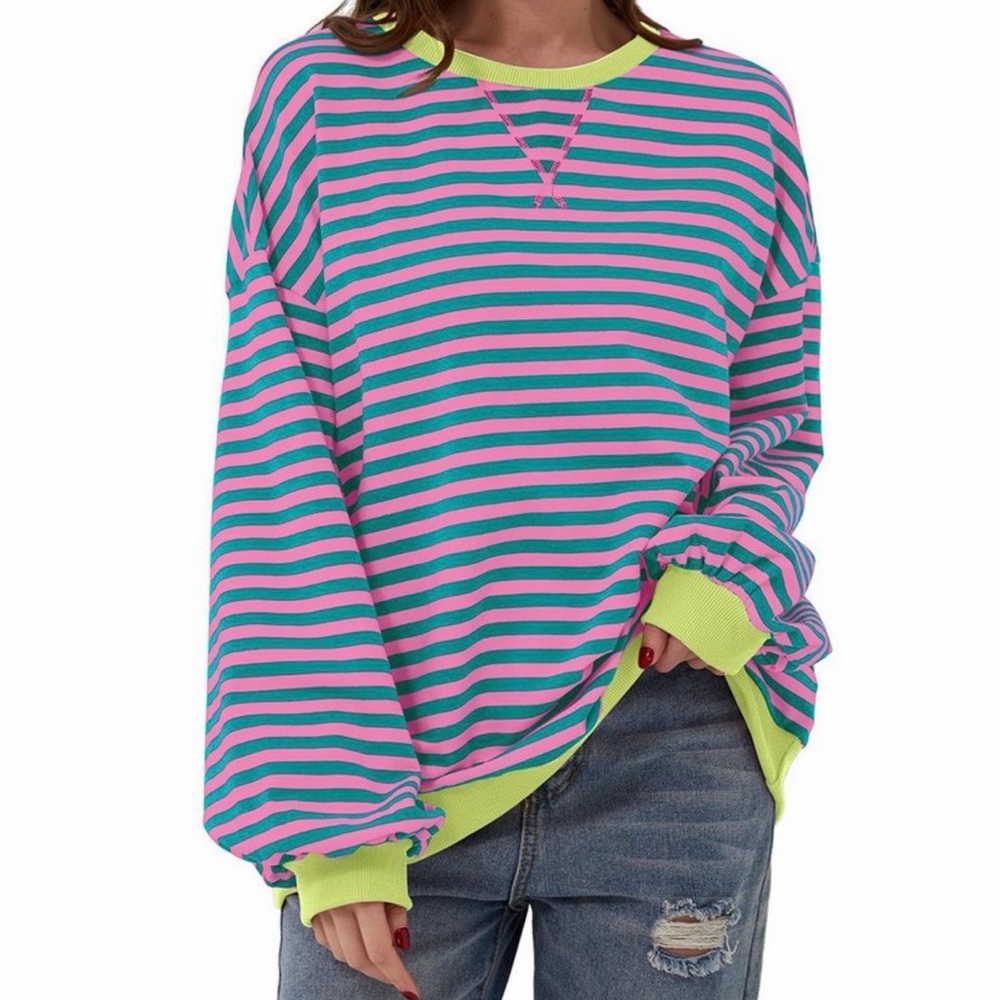 Women’s Striped Crewneck Sweater in Teal & Pink with Lime Trim